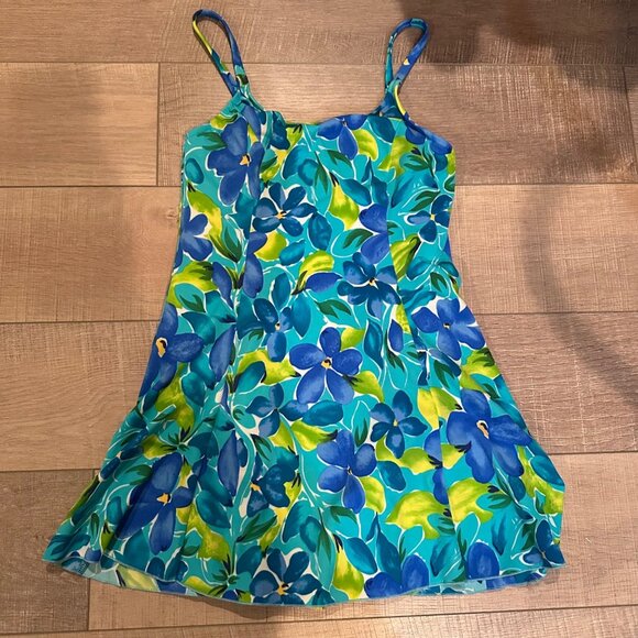 LL BEAN WOMENS BLUE FLORAL SWIM DRESS 10 LONG - Picture 1 of 9